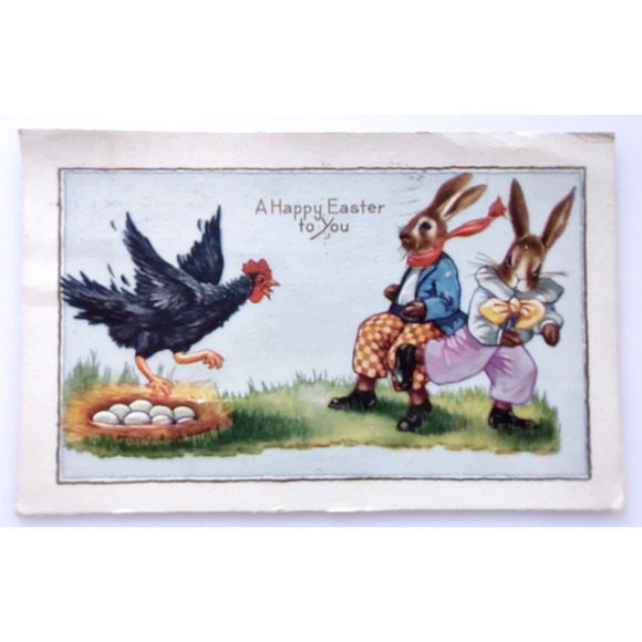 Easter Postcard Dressed Bunny Rabbits Rooster Nest Of Eggs Whitney 1918 Vintage - Picture 1 of 2